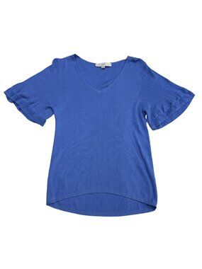 Loft Women's Blue Knit Ribbed Top V-Neck Ruffled SS Casual Lightweight, Size M